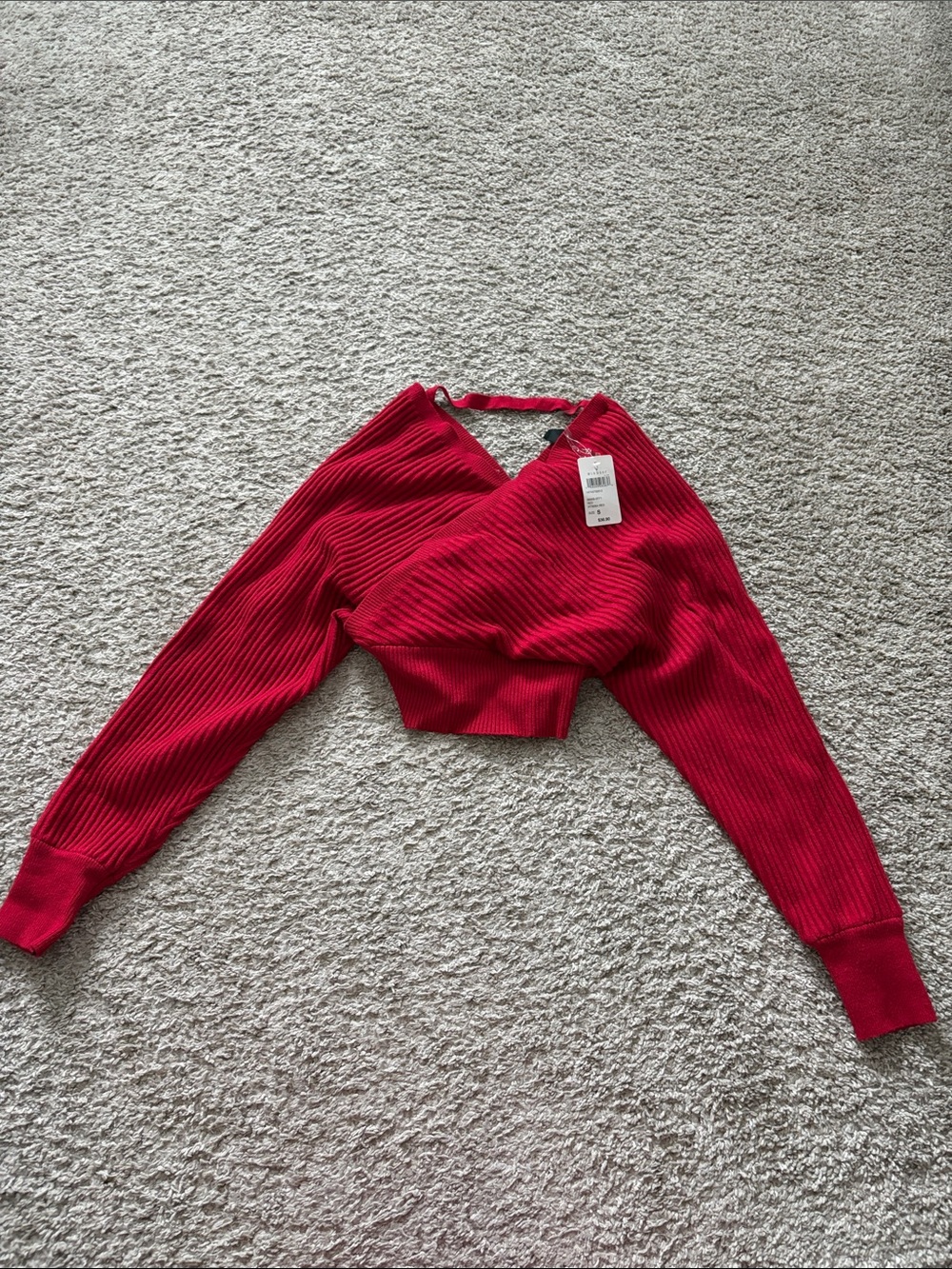 Windsor Red Ribbed Off-the-Shoulder Cropped Sweater